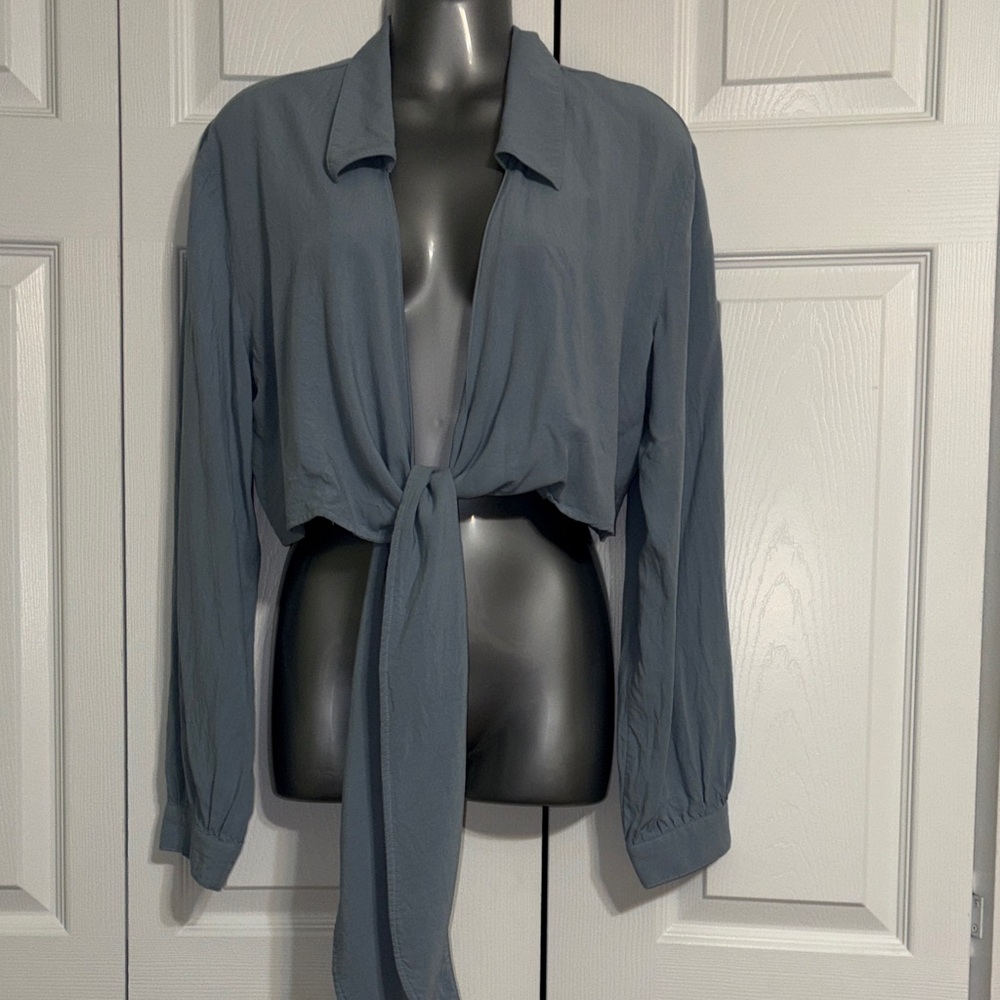 Rusty Slate Blue Tie-Front Crop Top, small
